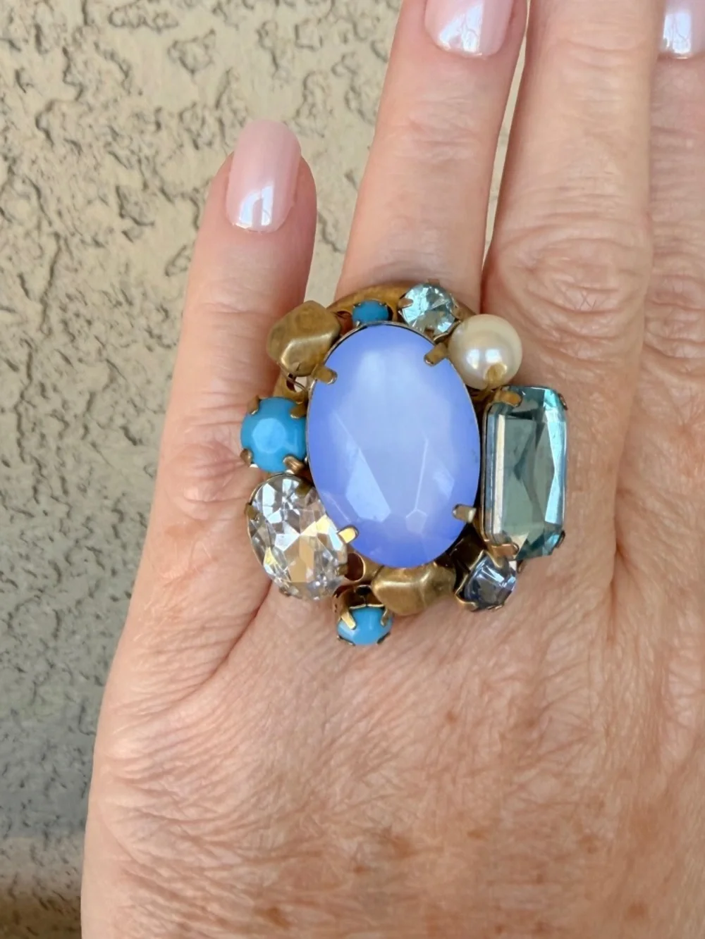 Bold Lavender Multistone Statement Ring with Aqua and Pearl Accents